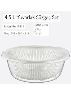 Dünya Süzgeç Seti (Süzgeç+Badya Leğen), Yuvarlak, Şeffaf, 4.5 L