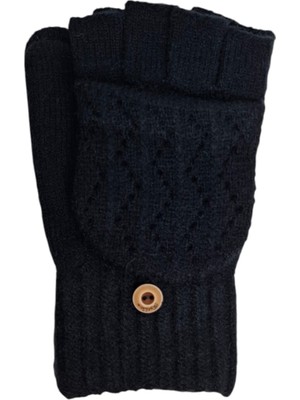 Spteks Suyutti Yetişkin Bayan Siyah Renk Düz Desen Parmaksız ve Kapaklı Kışlık Örme Eldiven