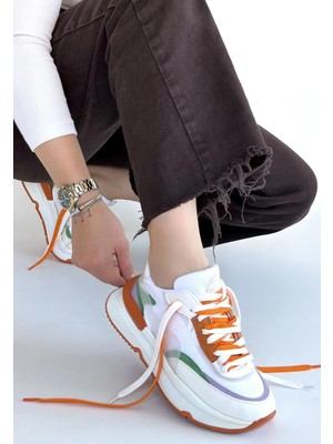 Aleh Beyaz Cilt Turuncu Detaylı Çift Bağcıklı Spor Ayakkabı