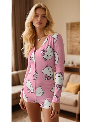 Pileli Store  Pink Cat Dream Pamuklu Pembe Kedi Desenli Düğmeli Uzun Kol Tulum Pijama