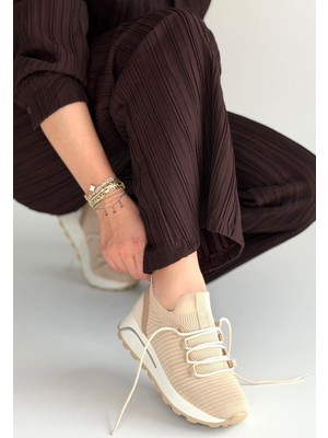 Çamaşır Kenti Feort Bej Triko Bağcıklı Spor Ayakkabı