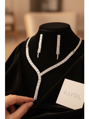 Rafiel Gümüş Renk Baget Taşlı Zirkon Takı Seti - Baget Kolye ve Küpe Seti