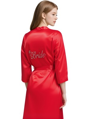 Pileli Store  Kırmızı Saten Bride Sabahlık Zarif Kadın Ev Giyim