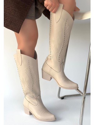 Çamaşır Kenti Meof Bej Cilt Topuklu Çizme