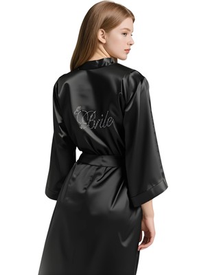Pileli Store  Siyah Saten Bride Sabahlık Zarif Kadın Ev Giyim