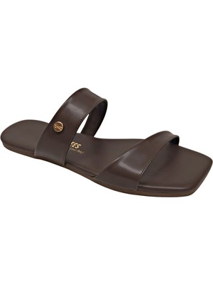 Tkees Kadın Kare Burun Kahve Kalın Bantlı Şık Günlük Terlik