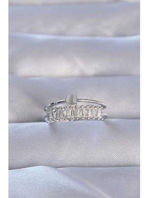 Epilons Pirinç Gümüş Renk Zirkon Taşlı Baget Su Yolu Model Ayarlanabilir Yüzük