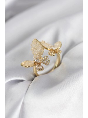 Epilons Gold Renk Beyaz Kelebek Model Zirkon Taşlı Kadın Yüzük