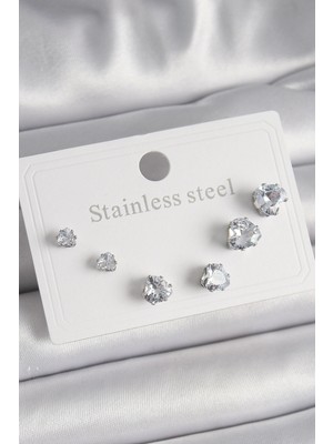 Epilons Çelik Gümüş Renk Zirkon Taşlı Kalp Model Kadın Küpe Seti