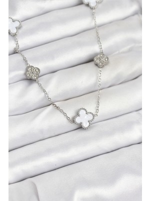 Epilons Çelik Zincir Gümüş Renk Beyaz ve Zirkon Taşlı Yonca Kadın Kolye