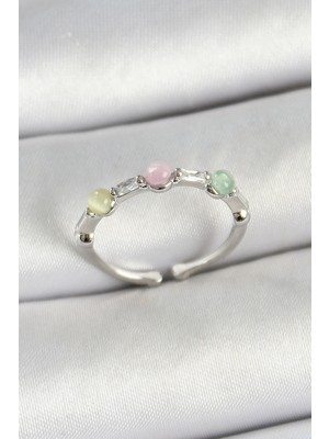 Epilons Pirinç Sıralı Boncuk Figürlü Zirkon Taşlı Gümüş Renk Ayarlanabilir Kadın Yüzük