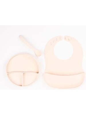 Epilons Krem Rengi 3’lü Silikon Yemek Seti – Önlük + Diş Kaşıyıcılı Kaşık + Vakumlu Tabak