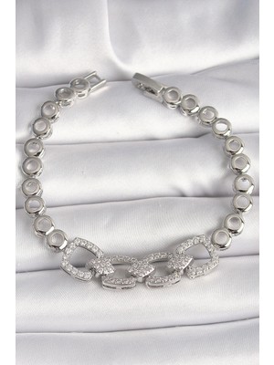 Epilons Pirinç Gümüş Renk Zirkon Taşlı Daire Zincir Model Kadın Bileklik