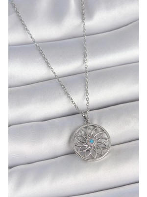 Epilons Çelik Gümüş Renk Zincir Mavi Taşlı Lotus Model Kadın Kolye