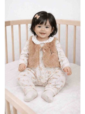 Kız Bebek Çiçek Desenli Fitili Kumaş Tulum Peluş Yelekli Ikili Takım