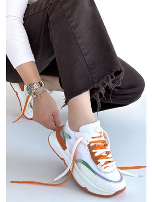 Shoegar Aleh Beyaz Cilt Turuncu Detaylı Çift Bağcıklı Spor Ayakkabı