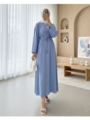Modamorfo Beli Bağlamalı Arkası Fermuarlı Keten Elbise -Mavi
