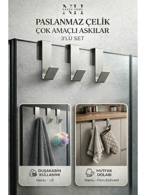 Nakra Home 3 Adet Paslanmaz Çelik Duşakabin Askısı ve Mutfak Dolabı Üstü Kanca Askılık