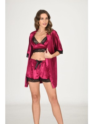 TeknoKapsül Fuşya Kadife Dantelli Sabahlık &amp; Gecelik Takım 3' Lü