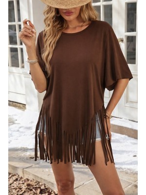 Kendim Fashion Kadın Kısa Kollu Bisiklet Yaka Püsküllü Viskon Bluz