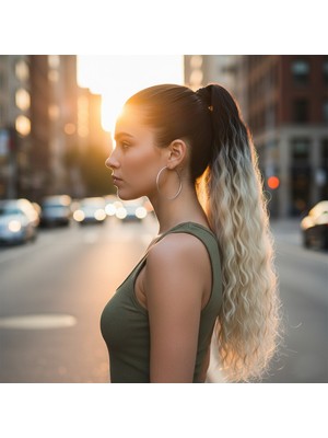 TeknoKapsül Lastik Tokalı At Kuyruğu Kabarık Afro Dalgalı / Siyah / Platin Ombre