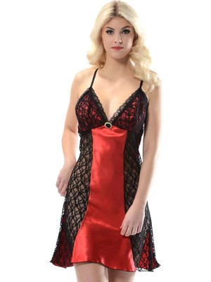 TeknoKapsül Kırmızı Siyah Dantelli Saten Gecelik