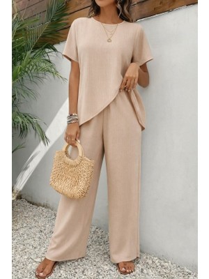 Balmior Kadın Kısa Kollu Bisiklet Yaka Asimetrik Kesim Detaylı Bürümcük Bluz ve Pantolon Ikili Takım