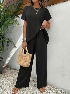 Kendim Fashion Kadın Kısa Kollu Bisiklet Yaka Asimetrik Kesim Detaylı Bürümcük Bluz ve Pantolon Ikili Takım