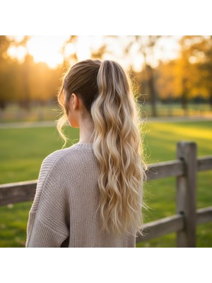 TeknoKapsül Bağlamalı Kabarık Dalgalı At Kuyruğu / Kahve / Bal Köpüğü Ombre ve Platin Işıltılı