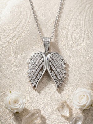 Meneva Aksesuar Işıltılı Melek Kanadı Baget Taşlı Gümüş Silver Renk Çelik Kolye