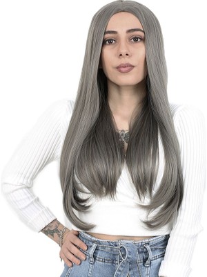 TeknoKapsül Fiber Sen Uzun Düz Peruk / Koyu Gri