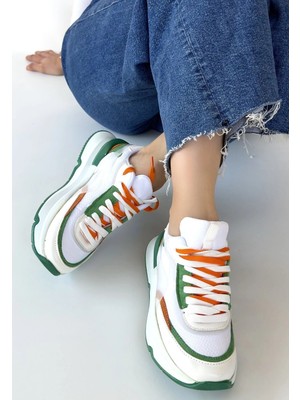 TeknoKapsül Aleh Beyaz Cilt Yeşil Detaylı Çift Bağcıklı Spor Ayakkabı