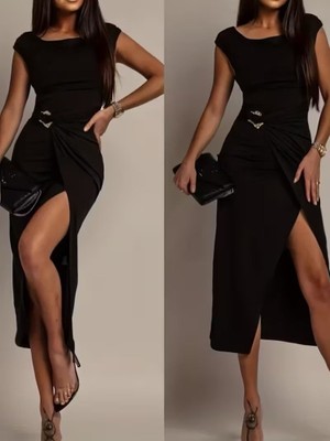 Gökyüzü Moda Kadın Kısa Kollu Geometrik Yakalı Önden Açık Modal Mini Elbise