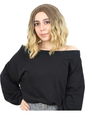 TeknoKapsül Fiber Sen Kısa Dalgalı Perçemsiz Peruk / Kumral / Sarı Ombreli