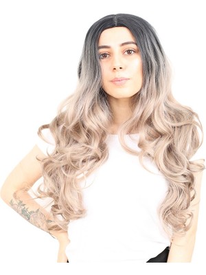 TeknoKapsül Yoğun Dalgalı Fiber Sen Uzun Perçemsiz Peruk / Siyah / Küllü Bebek Sarı Ombreli