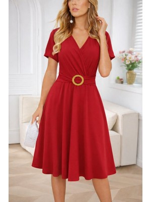 Kendim Fashion Kadın Kısa Kollu Kruvaze Yakalı Önden Toka Detaylı Kısa Viskon Elbise