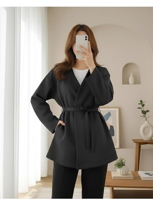 Modamorfo Beli Kuşaklı V Yaka  Scuba Kimono  -Siyah