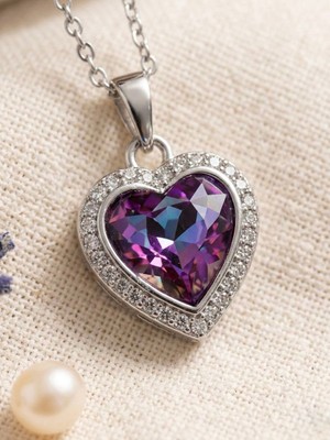 Meneva Aksesuar Zirkon Taş Çerçeveli Mor Kristal Kalp Çelik Kolye