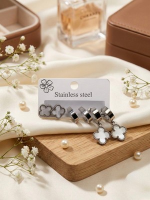 Meneva Aksesuar 3'lü Yonca Figürlü Lüks Gümüş Silver Renk Çelik Küpe Seti