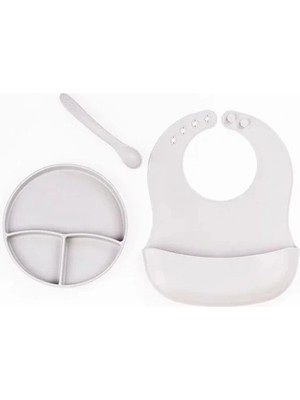 Epilons Gri 3’lü Silikon Yemek Seti – Önlük + Diş Kaşıyıcılı Kaşık + Vakumlu Tabak