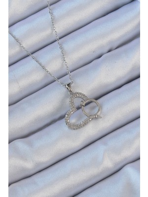 Epilons Çelik Zincir Gümüş Renk Zirkon Taşlı Yüzüklü Kalp Kolye