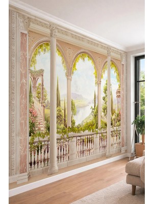 Dreamwall Klasik Saray Balkonu ve Doğa Manzaralı - 3D Sütun Efektli Tek Parça Tekstil Duvar Kağıdı