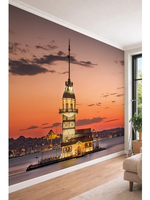 Dreamwall Kız Kulesi ve Istanbul Boğazı - Gün Batımı Manzaralı Tek Parça Tekstil Duvar Kağıdı