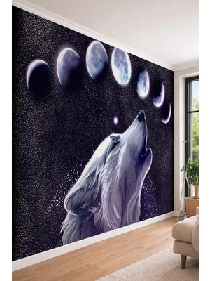 Dreamwall Kurt ve Ay Fazları Desenli - Genç Odası ve Kafe Için Tek Parça Tekstil Duvar Kağıdı