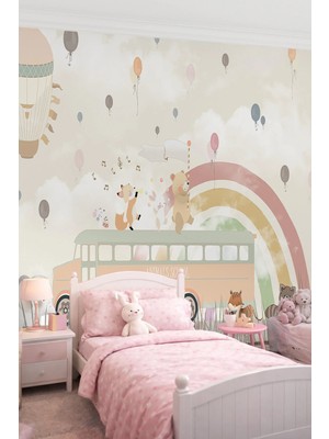 Dreamwall Animals School Otobüsü ve Gökkuşağı Temalı Tek Parça Tekstil Duvar Kağıdı