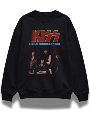 Fuddy Moda Unisex Oversize Kiss Live At Budokan 1988 Baskılı Bisiklet Yaka Kapüşonsuz Sweatshirt