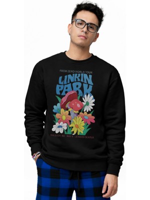 Fuddy Moda Unisex Oversize Linkin Park Flowers Baskılı Bisiklet Yaka Kapüşonsuz Sweatshirt