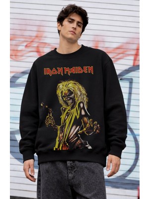 Fuddy Moda Unisex Oversize Iron Maiden Mega Baskılı Bisiklet Yaka Kapüşonsuz Sweatshirt