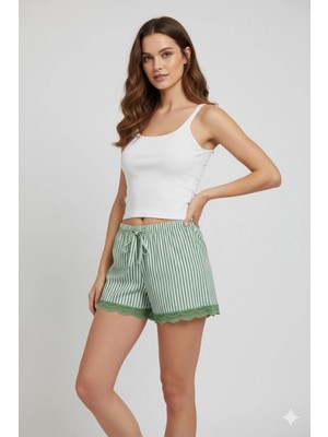 Marsilyan Çizgili Penye Kadın Ev Şortu Bacak Dantel Detaylı Ev Giyim Yeşil