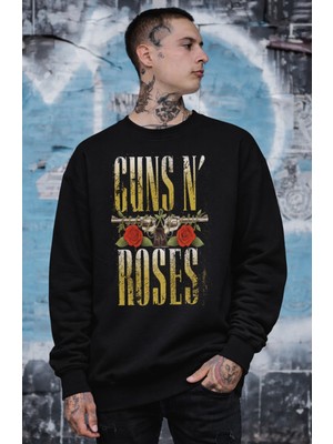 Fuddy Moda Unisex Oversize Vintage Guns N Roses Baskılı Bisiklet Yaka Kapüşonsuz Sweatshirt